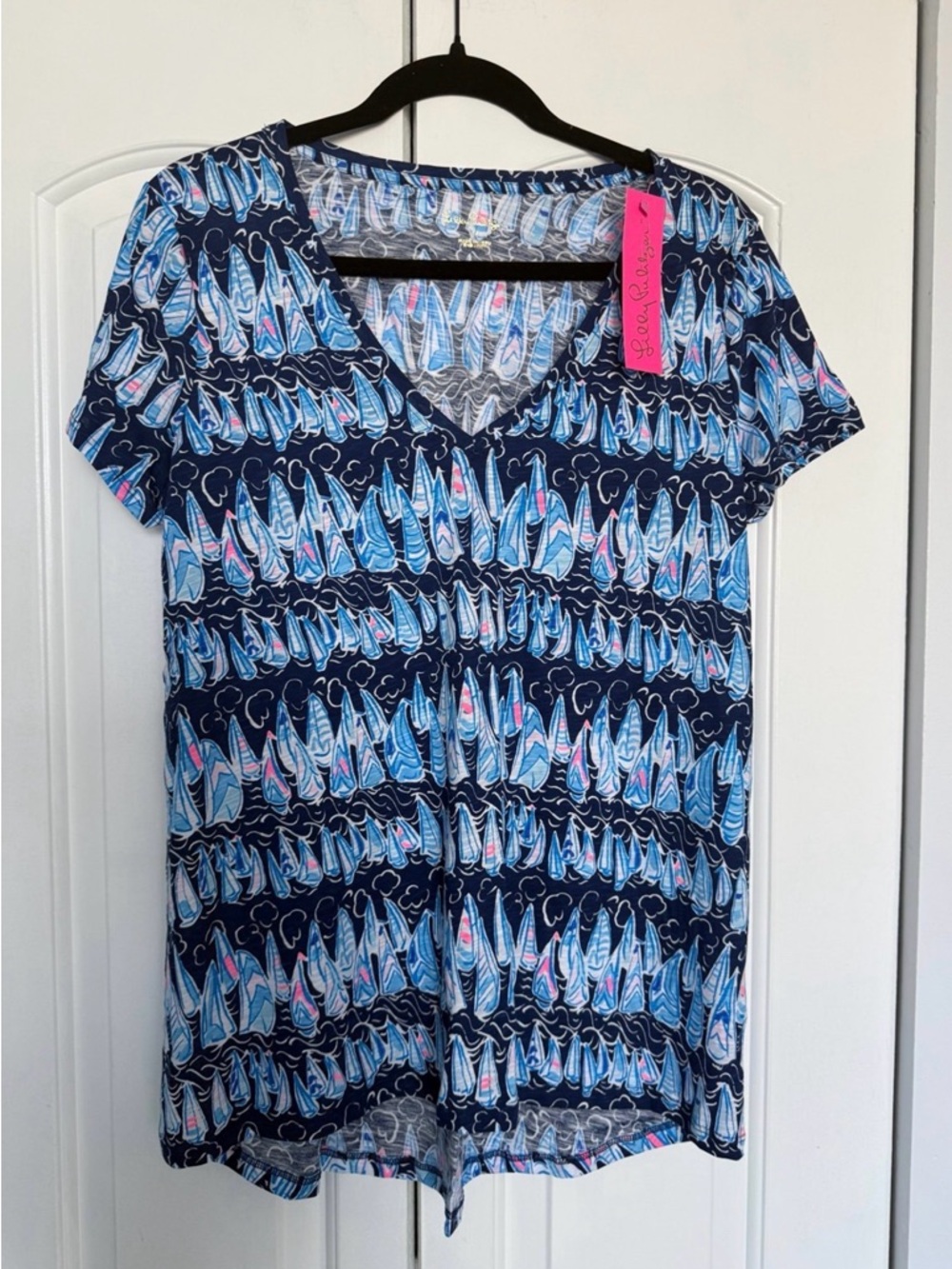 Lilly Pulitzer Women's Top Etta V-Neck Low Tide Navy Sails and Stripes M NWT